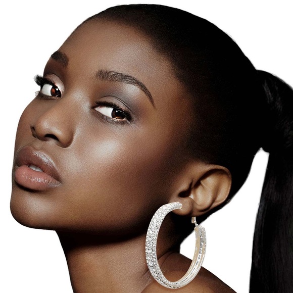 SOLD OUT BLING🛍🆕3 ROW SILVER CRYSTAL HOOP EARRINGS - Picture 5 of 5